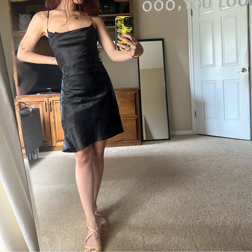 Black Silk Floral Detailed Gold Chain Strap Mini Dress